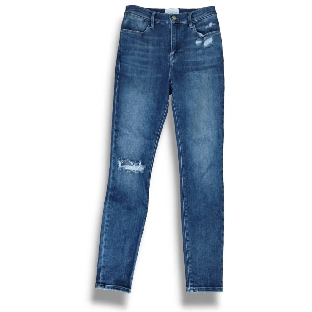 FRAME Le High Rise Skinny Jeans Distressed Saxon Wash Size 27 - Picture 2 of 6